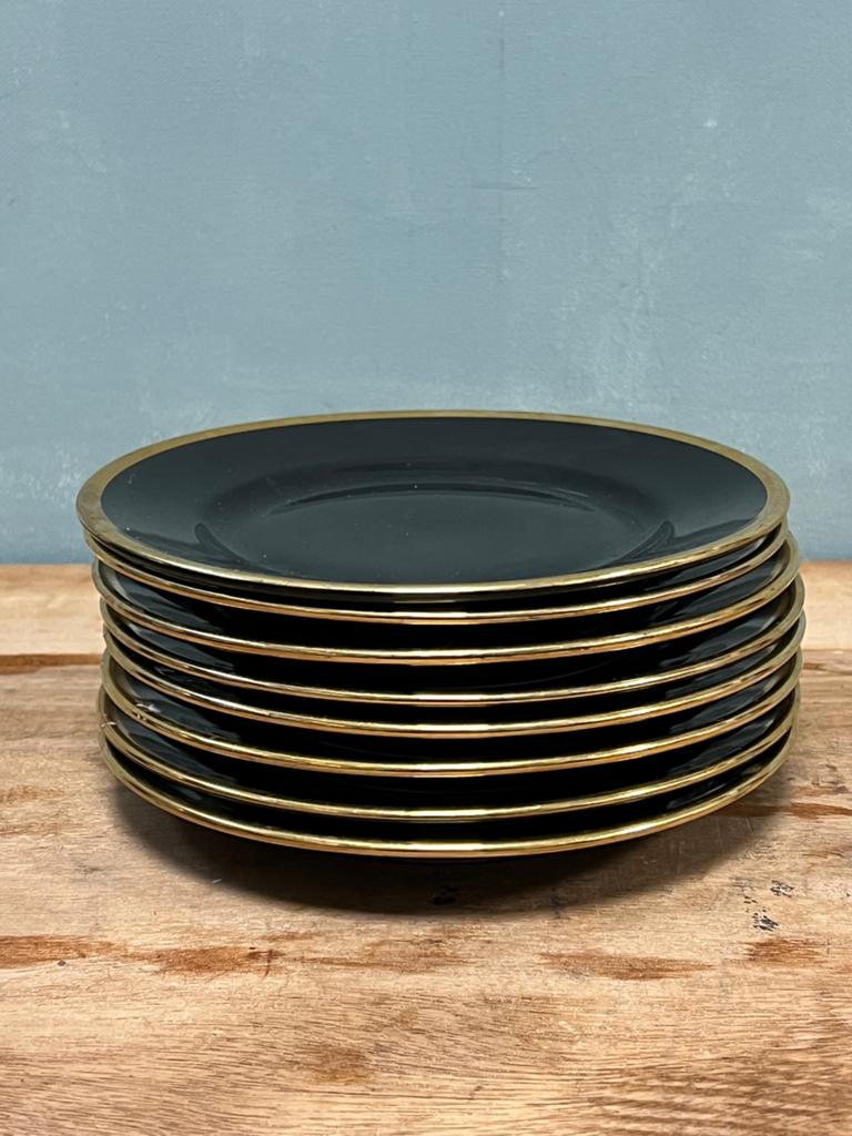 Vintage Walkure Porzelan Bayreuth SPM bord zwart goud set/8, Gebruikt, Ophalen of Verzenden, Bord(en), Overige stijlen