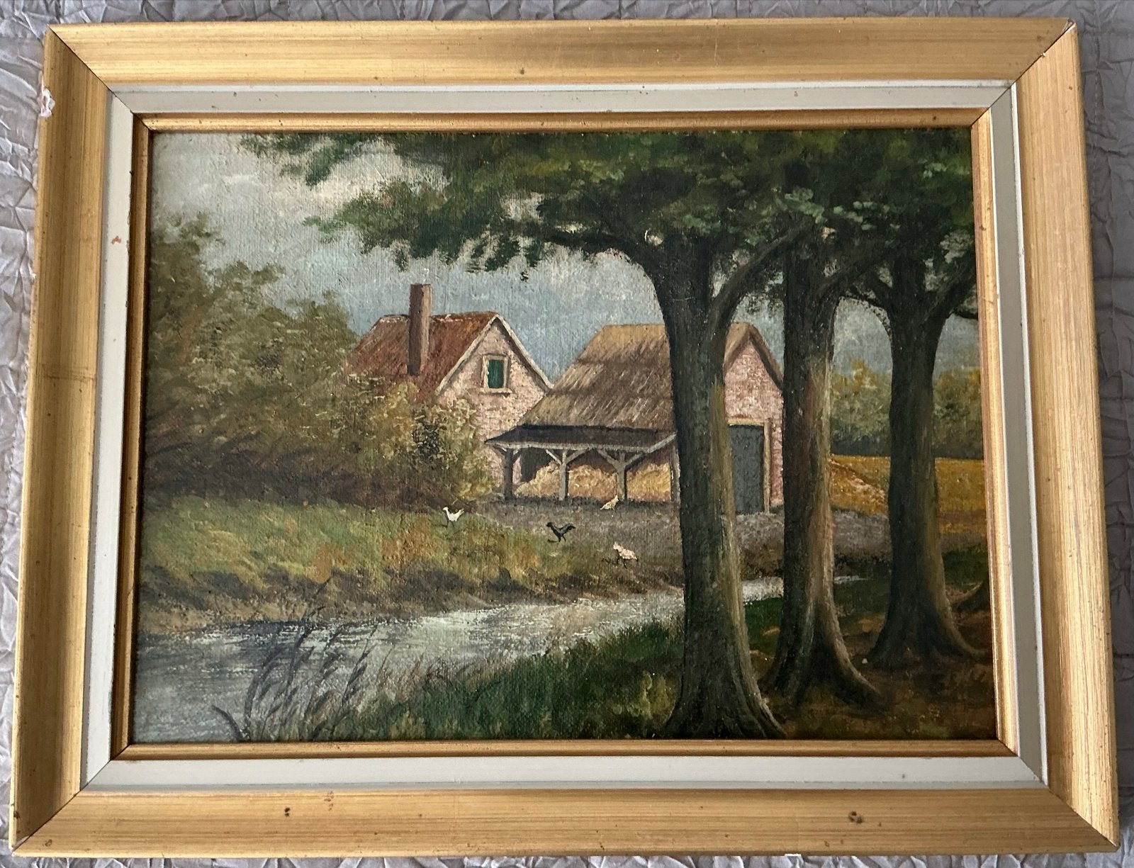 Oud Hollands Landschap met Boerderij en Water 43x34, Ophalen, Paneel, Realistisch, Landschap