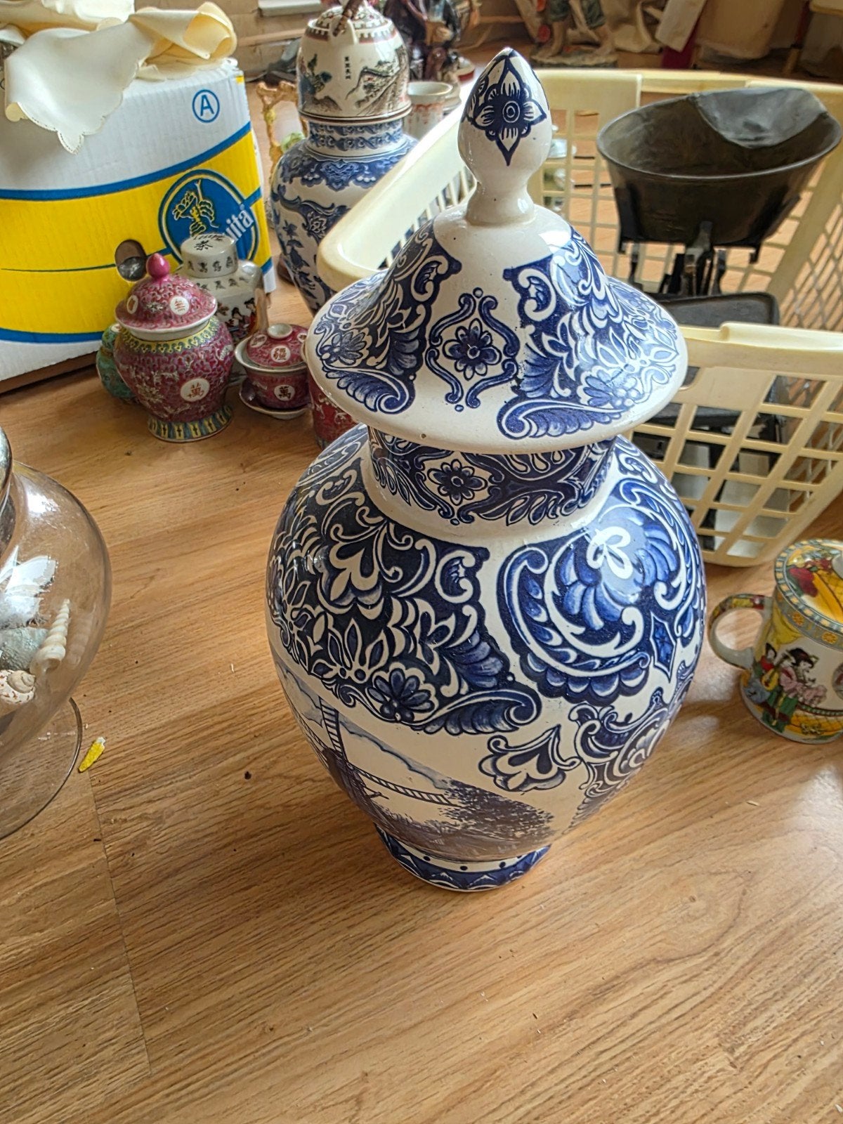 Antieke Delfts Blauwe Vaas met Deksel - T. Delfts Bleau, Antiek en Kunst, Ophalen of Verzenden