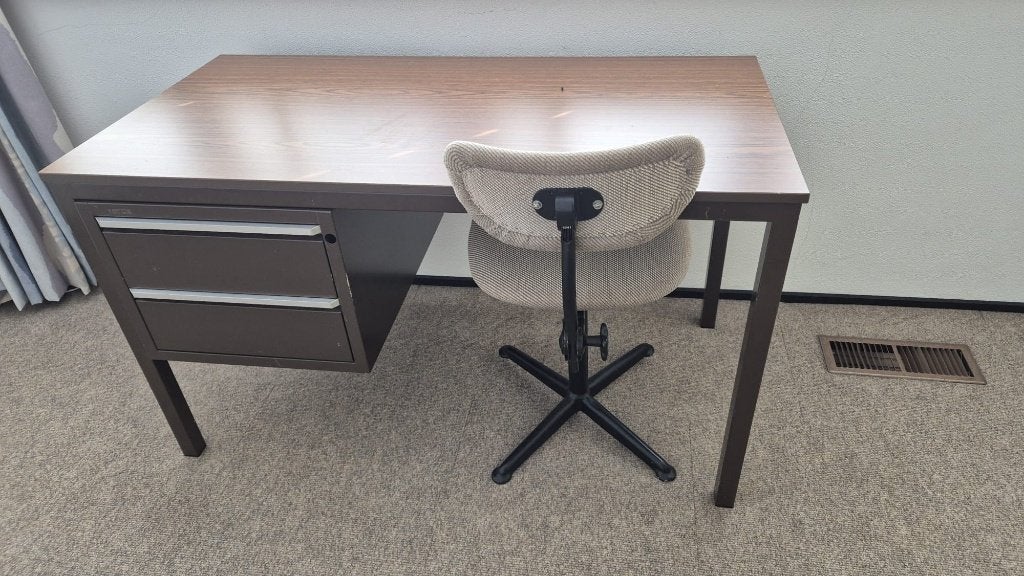 Bureau buro + stoel ladenblok links bruin 120cm, Ophalen, In hoogte verstelbaar, Gebruikt