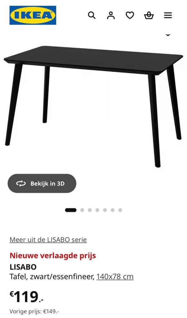 IKEA Lisabo eettafel zwart, Ophalen, Gebruikt, 100 tot 150 cm, 50 tot 100 cm