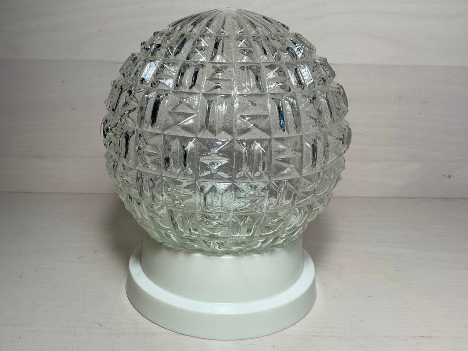 Prachtige vintage helder bewerkt glas plafondlamp, Gebruikt, Glas, Overige kleuren, E27 (groot)