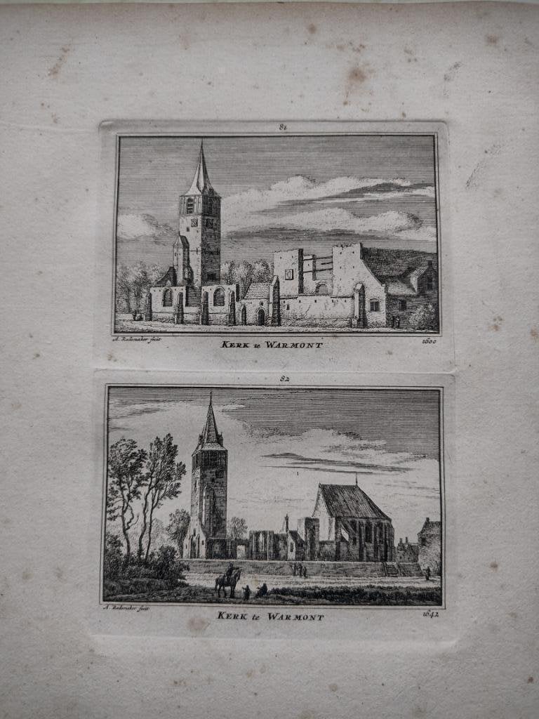 081-082 Warmont Warmond de Kerk Kopergravure dl 3 18e Eeuw, Antiek en Kunst, Kunst | Etsen en Gravures, Ophalen of Verzenden