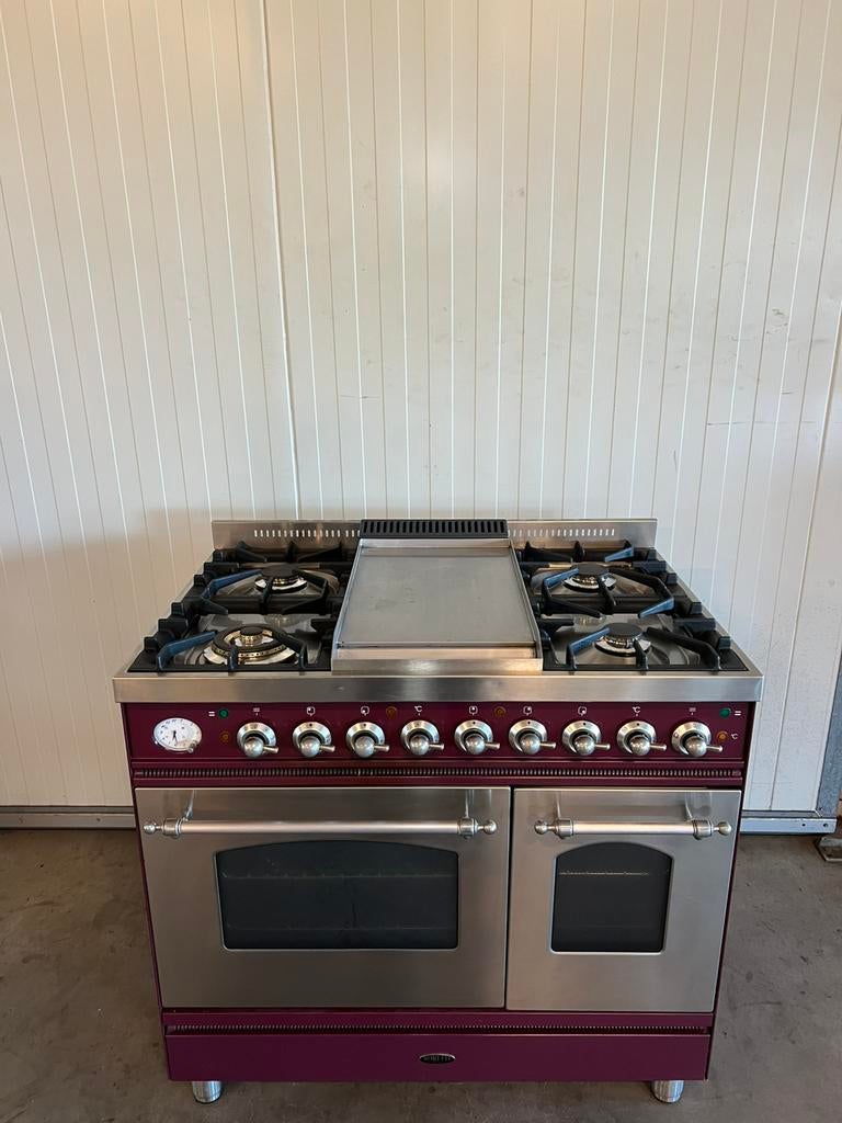 Luxe Boretti fornuis 90 cm Bordeaux rood RVS met frytop, 60 cm of meer, Ophalen of Verzenden, Zo goed als nieuw, Gas