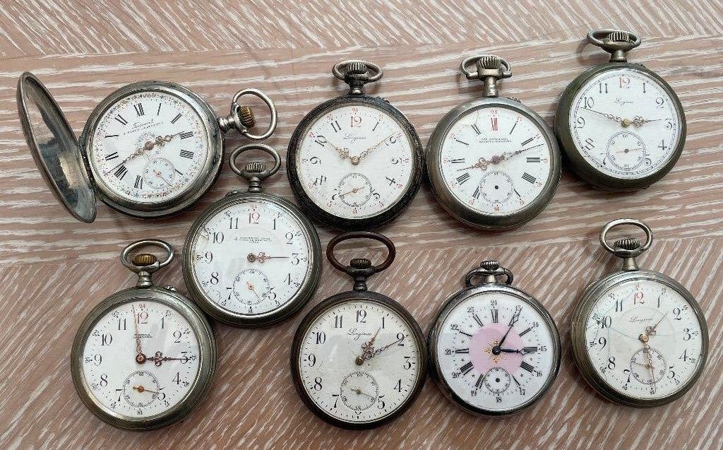 LONGINES zakhorloge set van 9 horloges niellé + zilver, Ophalen, Zilver, Zakhorloge, Longines