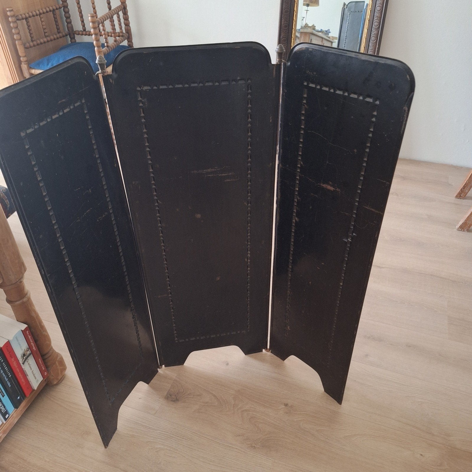 Antiek zwart haardscherm met drie panelen, Ophalen of Verzenden