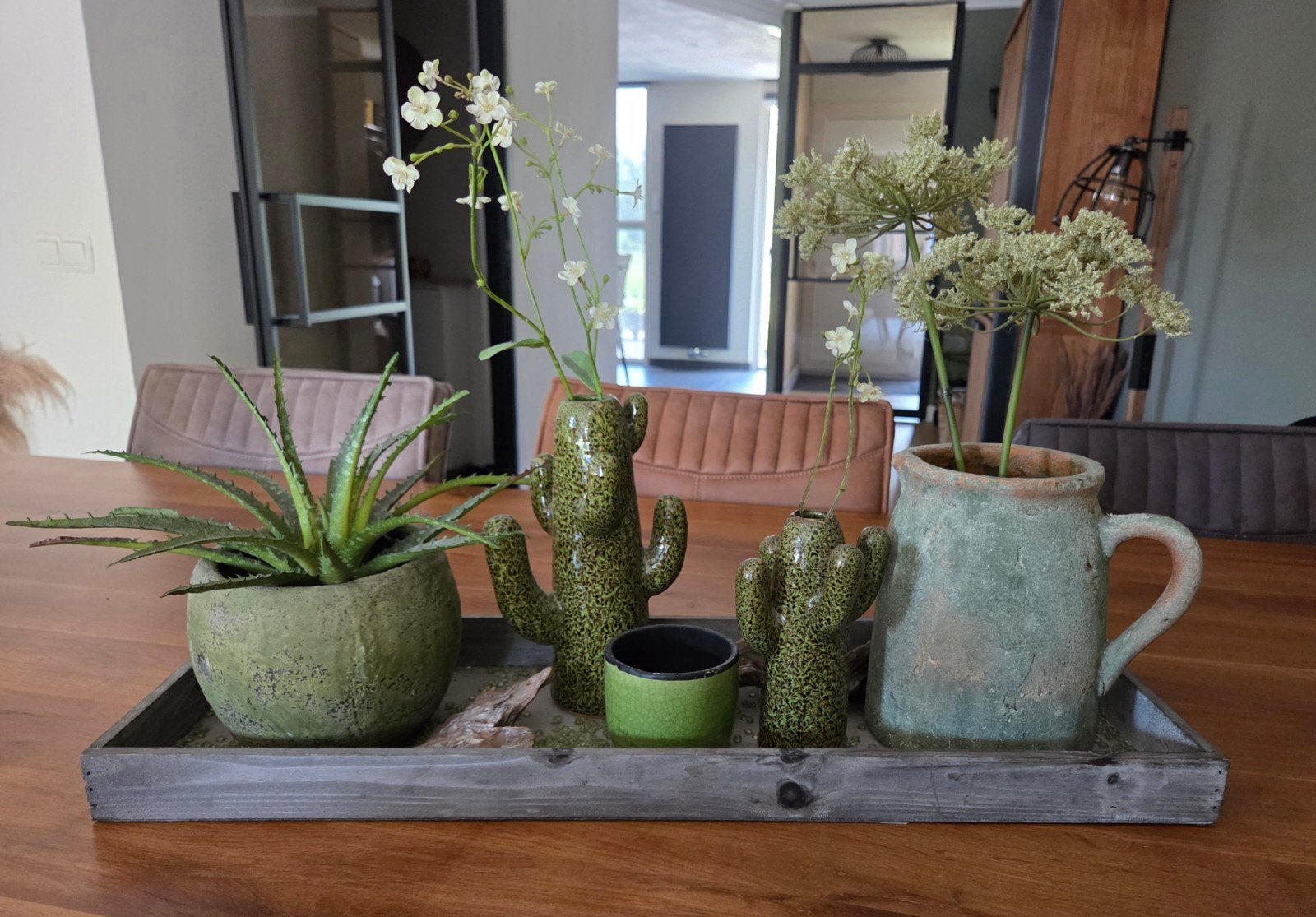Decoratie set met dienblad, planten en cactussen, Huis en Inrichting, Ophalen, Groen, Hout, Landelijk