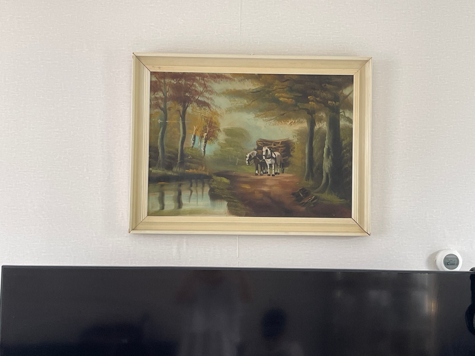 Schilderij met paarden en kar in bosrijk landschap, Doek, Ophalen of Verzenden, Landschap, Olieverf