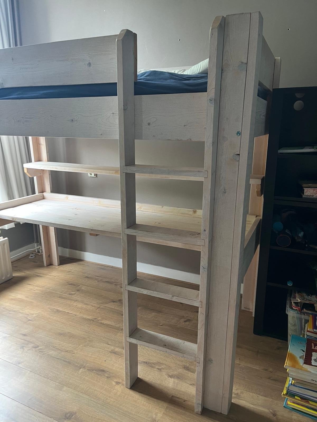Stevige steigerhouten hoogslaper met geïntegreerd bureau, Ophalen, Hoogslaper, Eenpersoons, 200 cm