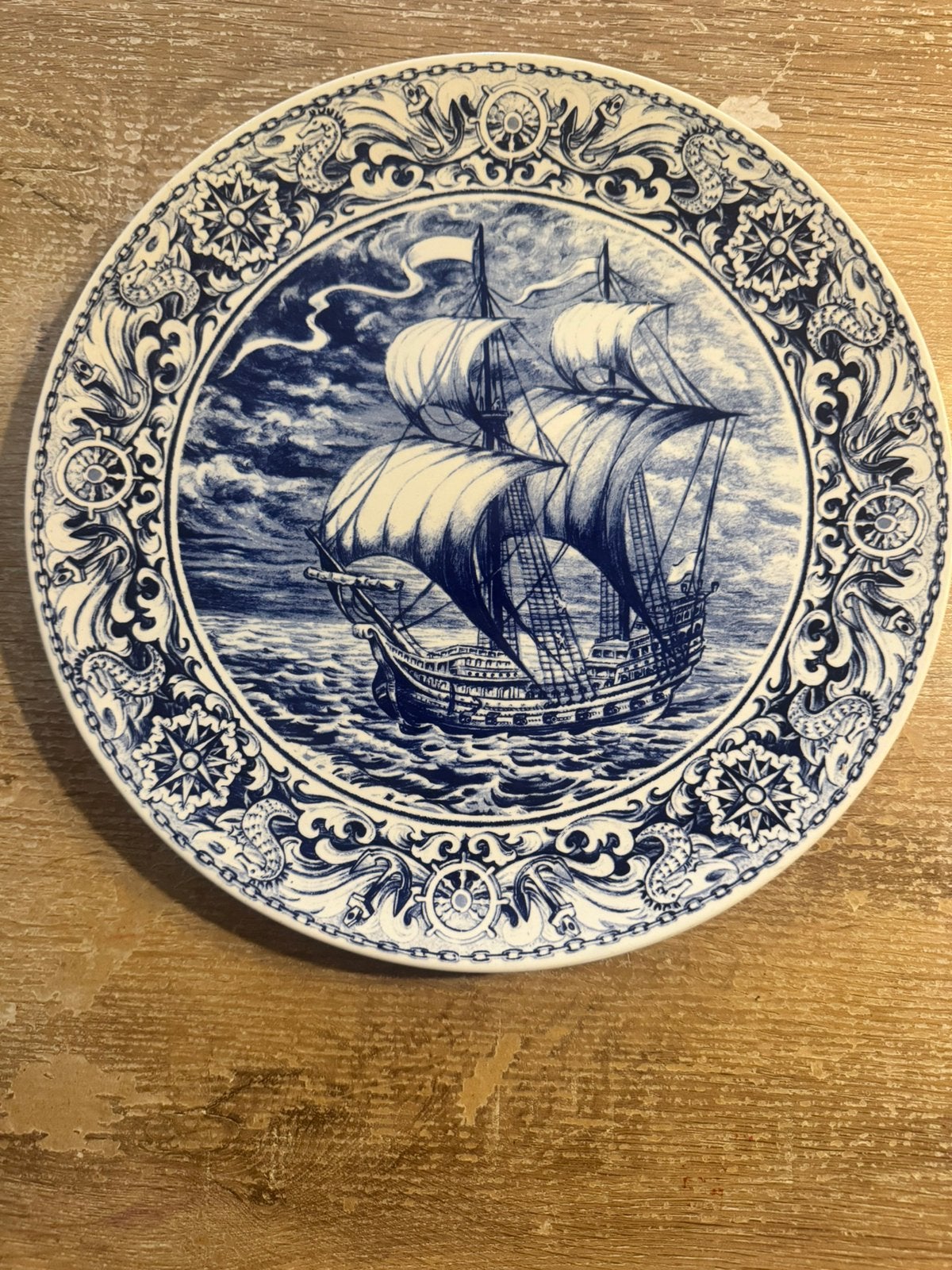 Delfts blauw wand bord schip, Ophalen