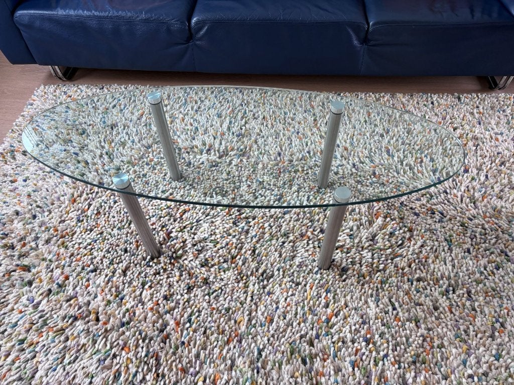 Glazen salontafel, ovaal, Huis en Inrichting, Tafels | Salontafels, Ophalen, Minder dan 50 cm, 100 tot 150 cm, Ovaal
