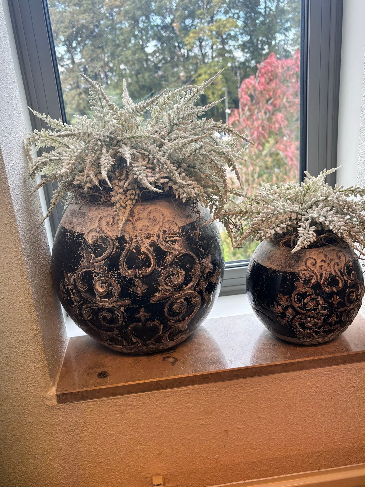 Decoratieve vazen met kunstplanten - Set van 2, Zwart, Inclusief decoratie, Ophalen of Verzenden, Zo goed als nieuw