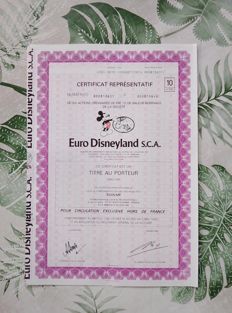Euro Disneyland S.C.A. Aandeel Certificaat (1990), Postzegels en Munten, Aandelen en Waardepapieren, Ophalen, Aandeel