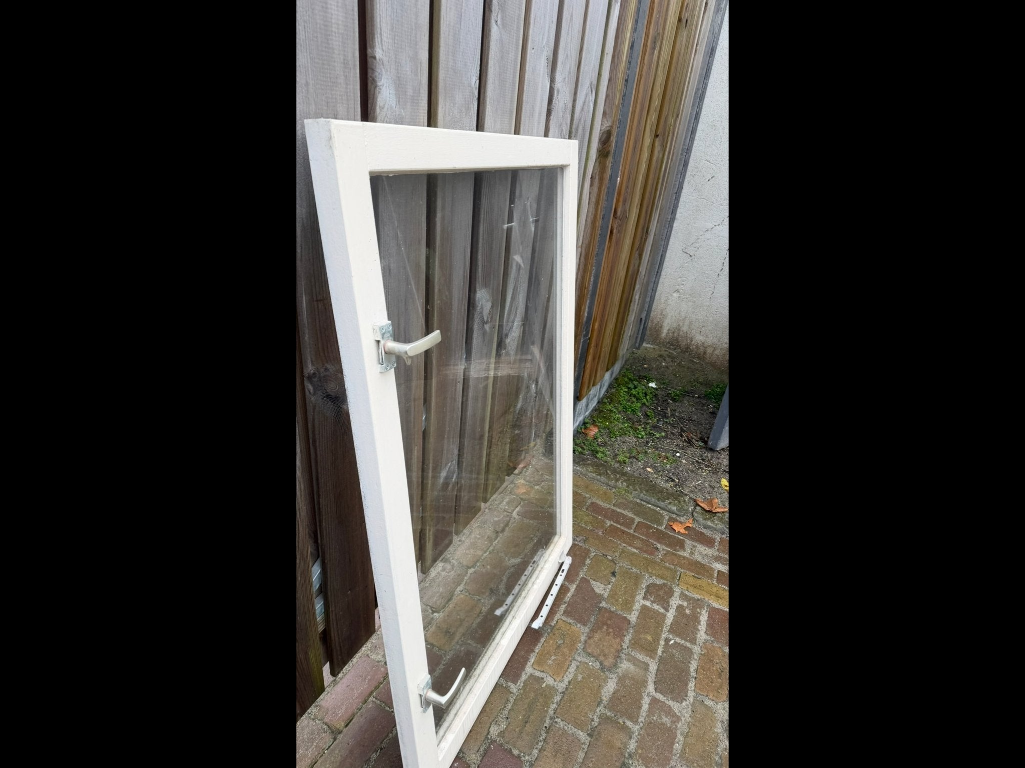 Hardhouten draairamen (92,5x130 cm) met enkel glas, Doe-het-zelf en Verbouw, Glas en Ramen, Ophalen, Gevelraam of Ruit, Gebruikt