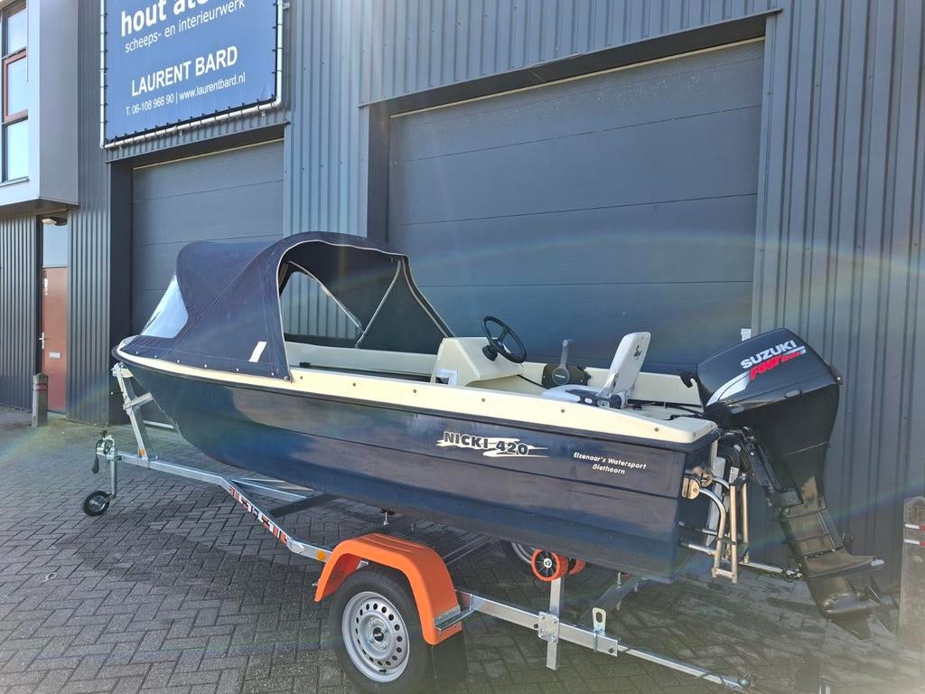 Prachtige Nicky 420 + Suzuki 9,9PK 4 Takt, Gebruikt, Ophalen of Verzenden, Buitenboordmotor, Polyester
