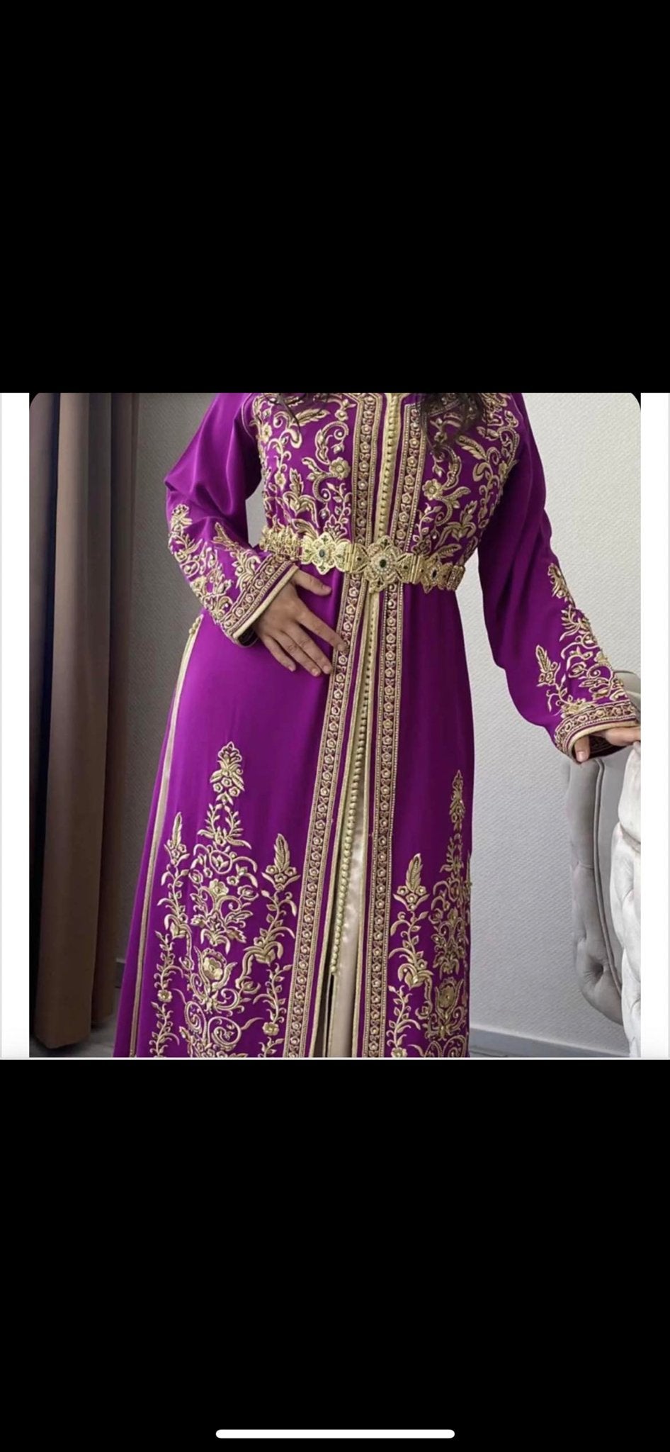 Prachtige paarse tweedelige jurk met gouden borduursels, Ophalen, Paars, Maat 46/48 (XL) of groter, Zo goed als nieuw