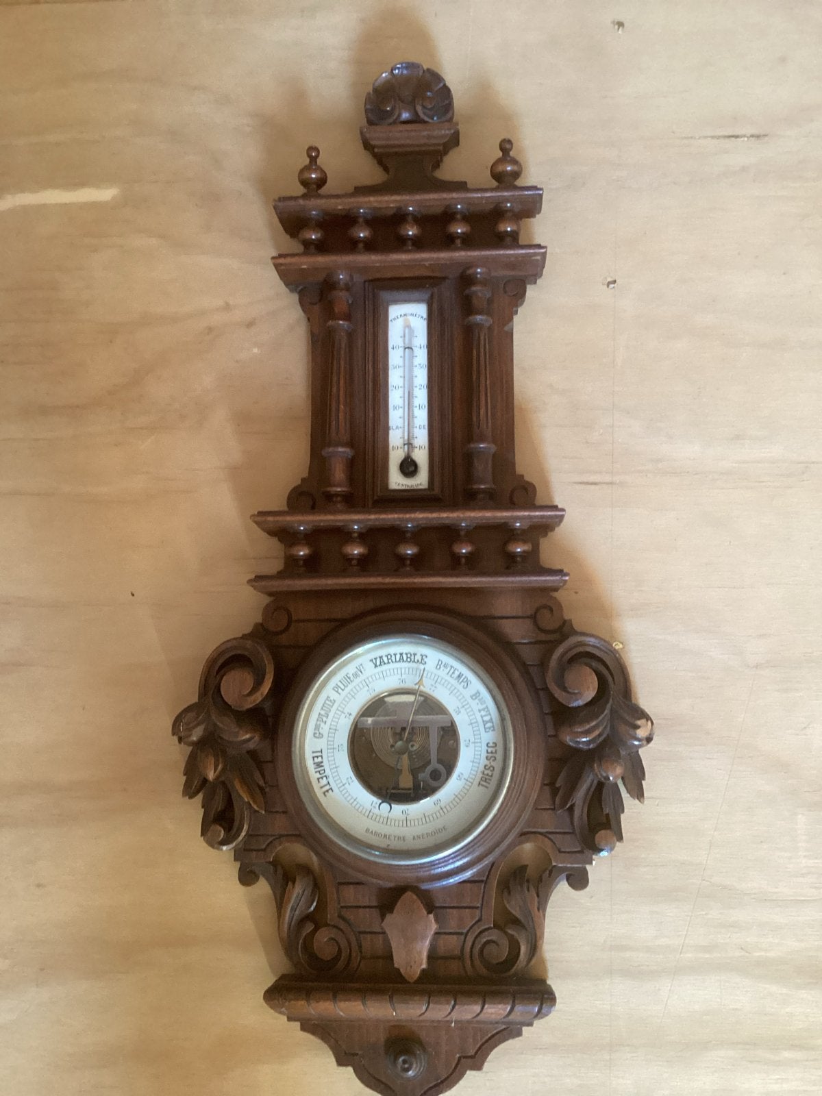 Antieke Barometer met Thermometer - Houtsnijwerk, Ophalen