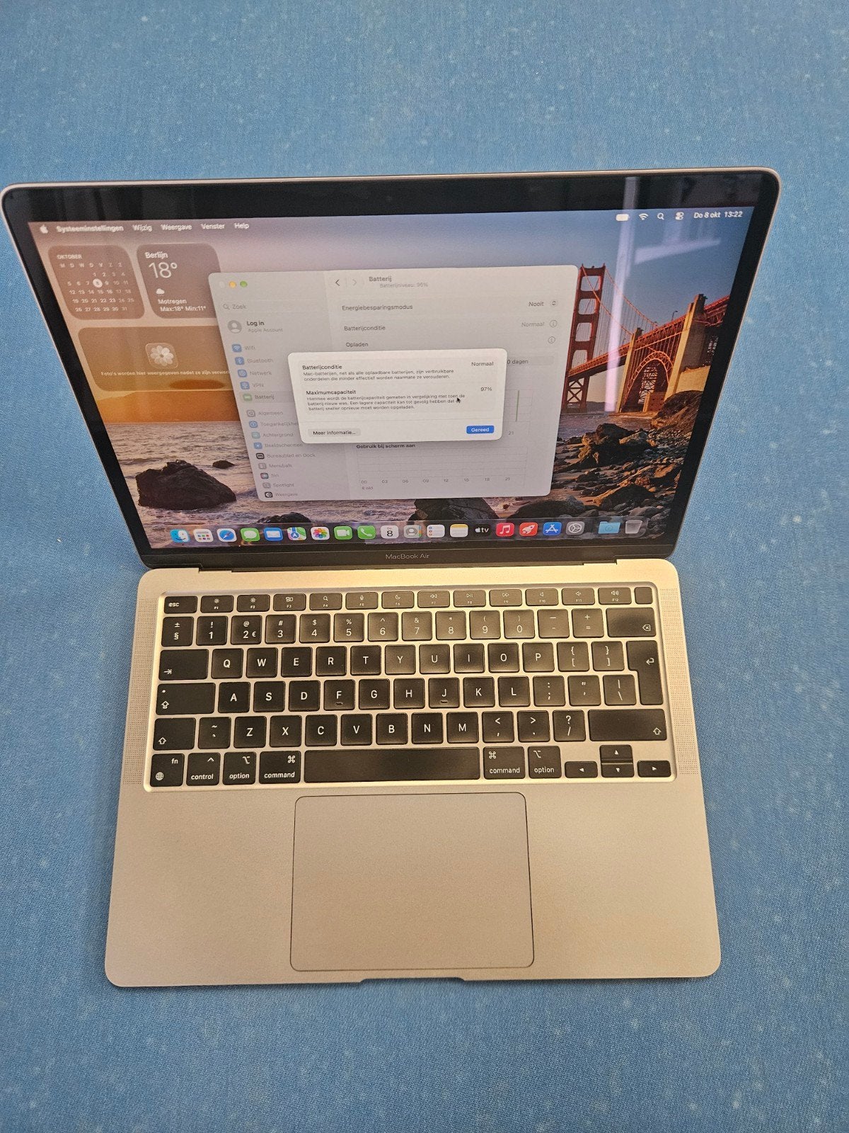 Macbook Air M1 8GB/256GB in nieuwstaat 97% batterij, 256 GB, Qwerty, 8 GB, 13 inch