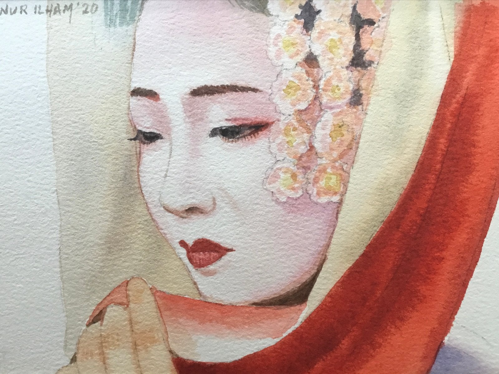 Realistische aquarel Geisha door Nur Ilham, Antiek en Kunst, Aquarel, Handgeschilderd, Papier/karton, Ophalen of Verzenden