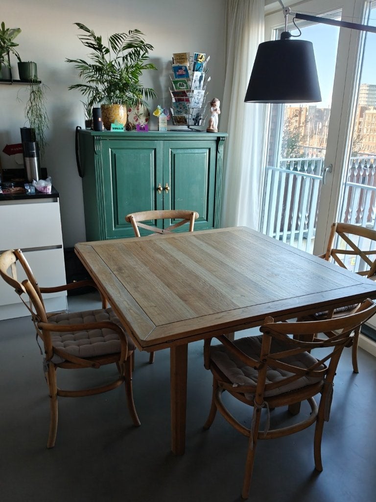 Vierkant/Ronde/Ovale eettafel en stoelen, Huis en Inrichting, Tafels | Eettafels, Ophalen, Gebruikt, 100 tot 150 cm, 50 tot 100 cm