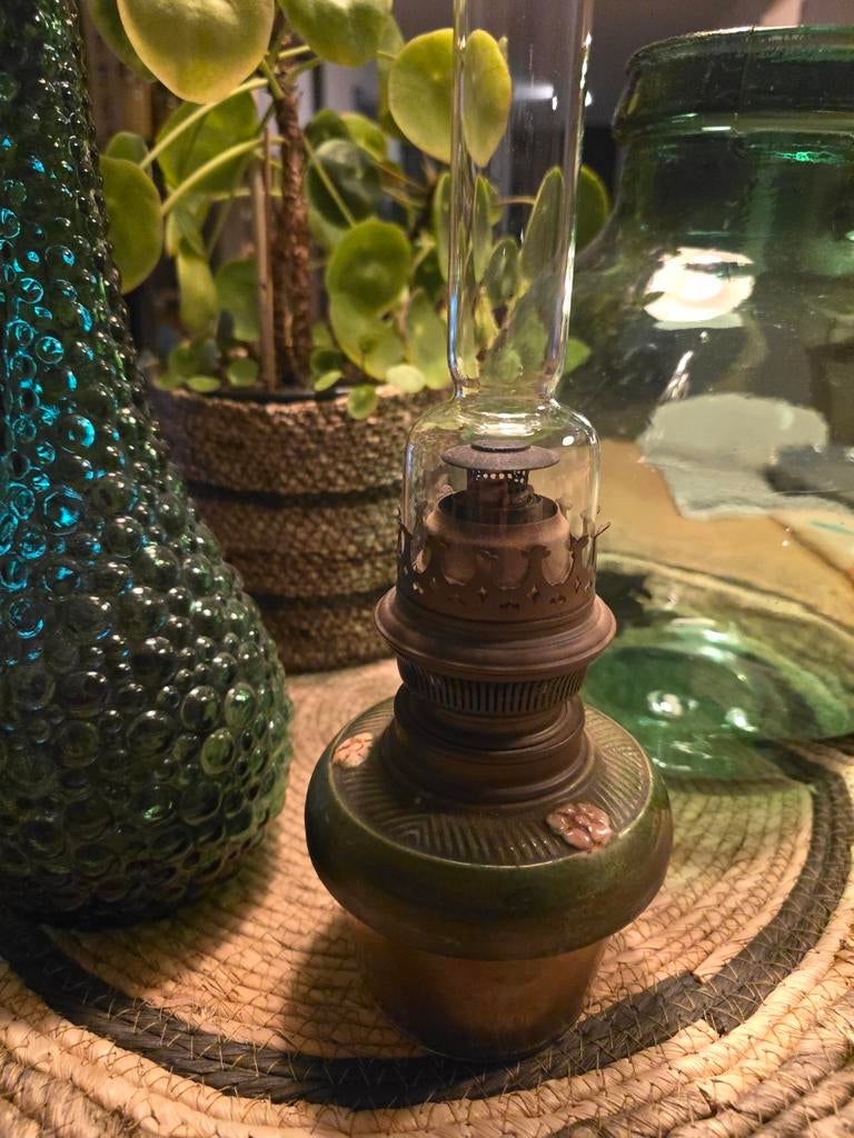 Zeldzame antieke Salvator olielamp met keramische voet €49, Antiek en Kunst, Ophalen of Verzenden