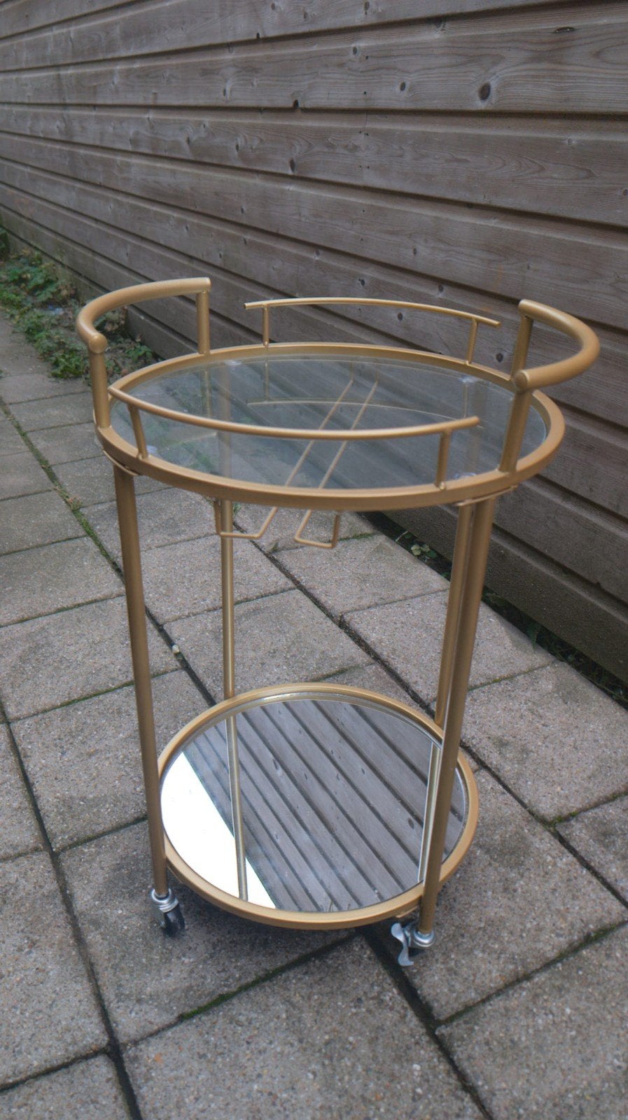 Gouden glazen ronde bar cart / rolkar, Ophalen, Zo goed als nieuw, Goud, Metaal