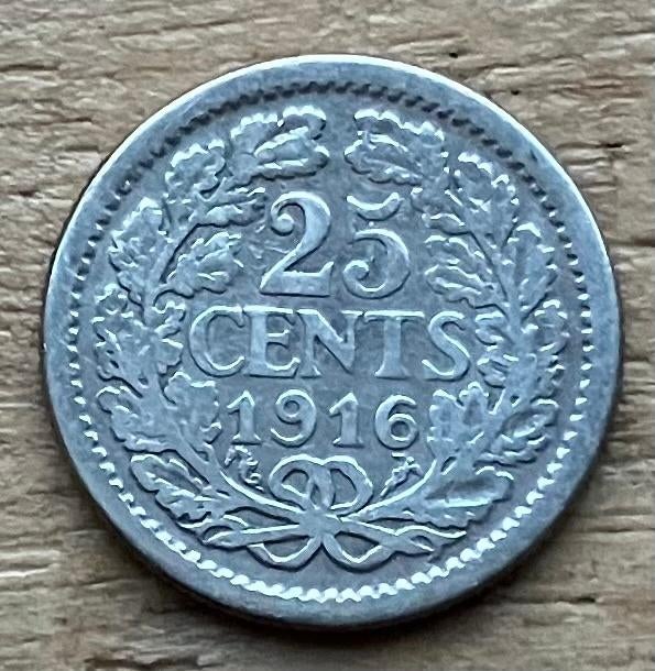 25 cent 1916 Wilhelmina, Postzegels en Munten, Munten | Nederland, Ophalen, Zilver, 25 cent, Koningin Wilhelmina