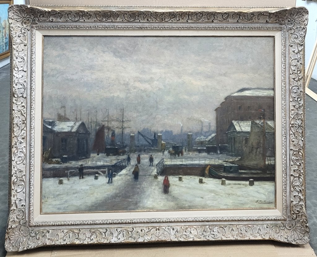 Jean François TAELEMANS, winter aan de kade, Antiek en Kunst, Ophalen, Gesigneerd, Olieverf, Doek