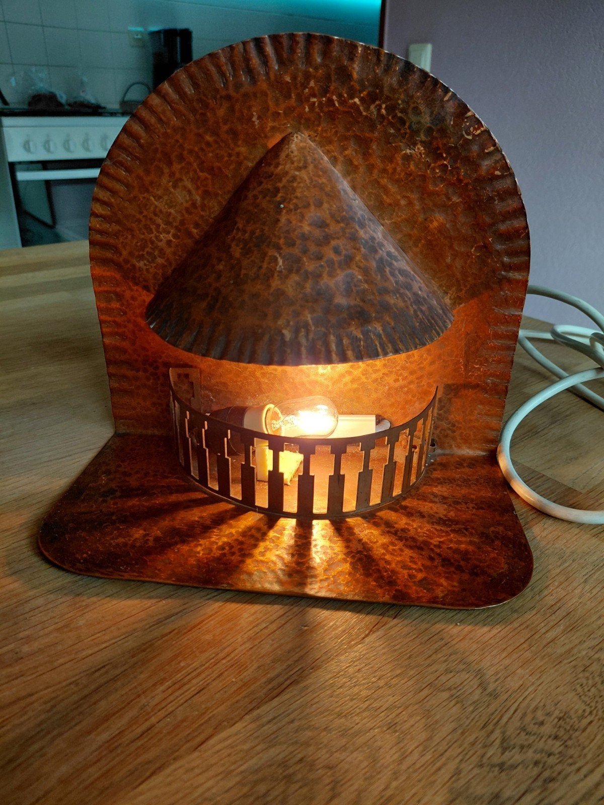 Vintage Art-deco  koperen tafellamp - Handgemaakt, Ophalen of Verzenden, Glas, Handgemaakt, Vintage