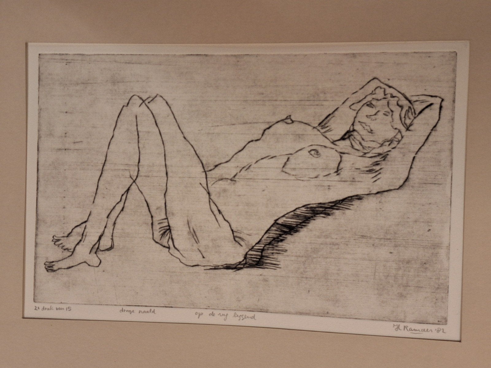 Ets van J J Ramaer : Liggend Naakt (1982), Portret, Ophalen of Verzenden, Gesigneerd, 1950 - 1999