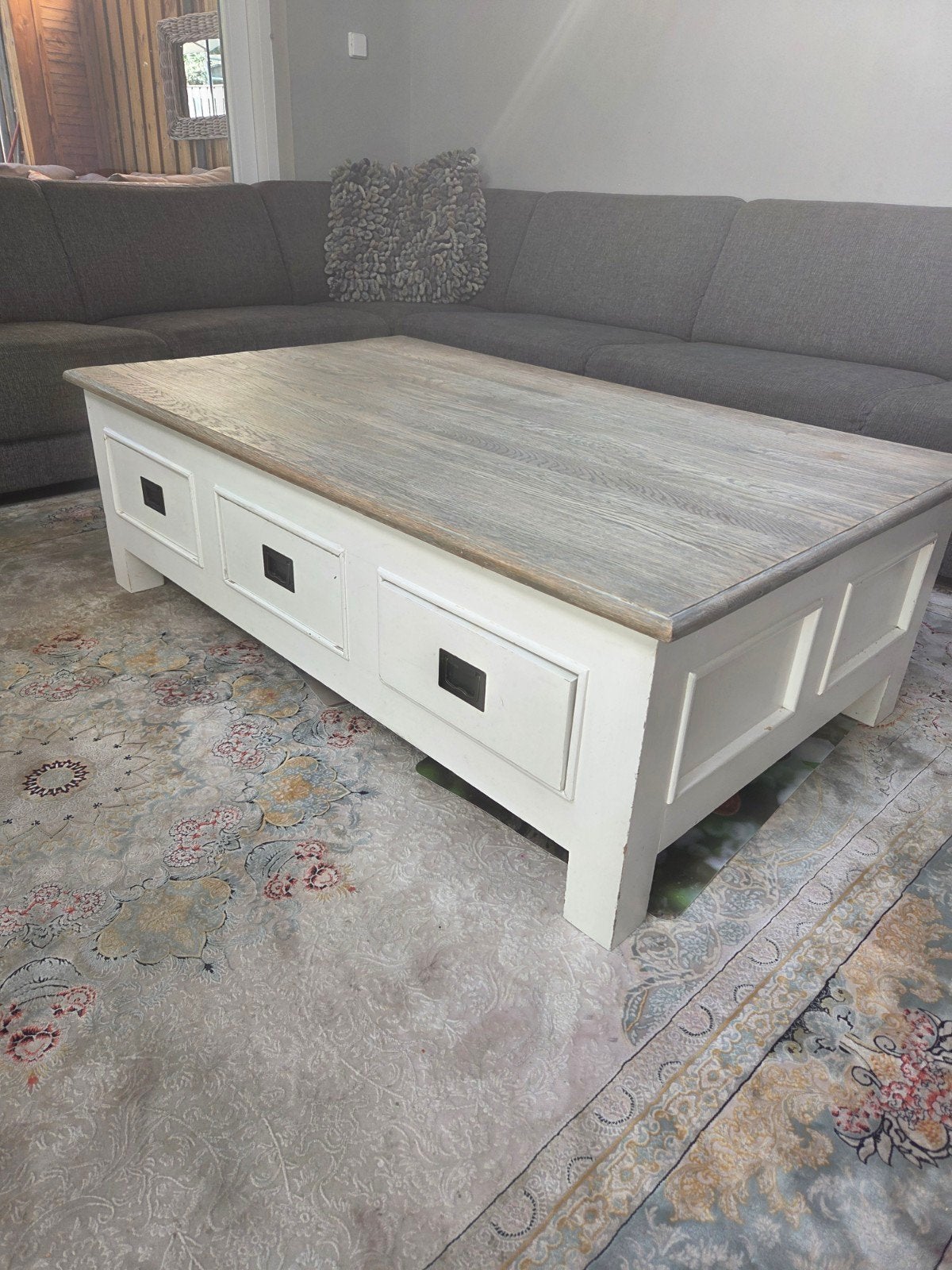 Salontafel met lades - Wit met houtlook blad, Gebruikt, 100 tot 150 cm, Landelijk, Overige houtsoorten