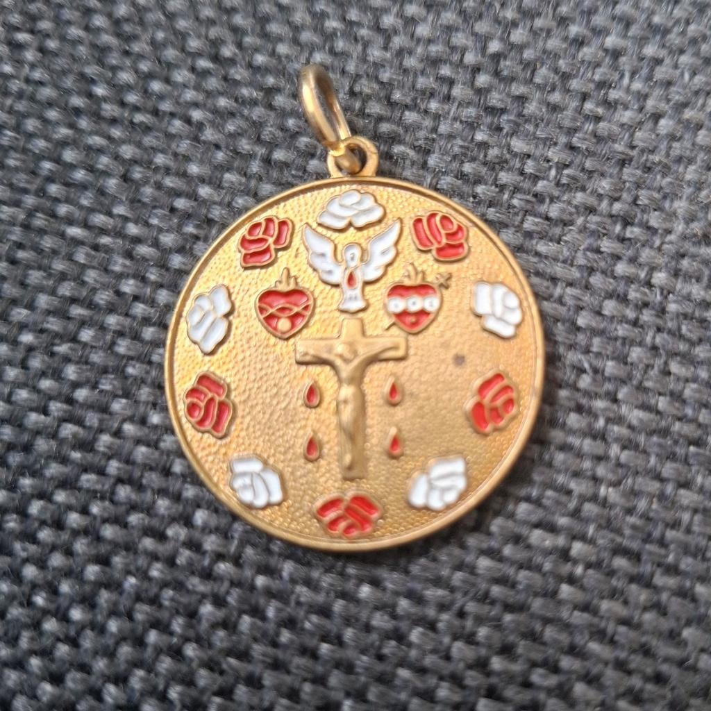 Franse Religieuze Penning medaille met Kruisbeeld en Emaille, Ophalen of Verzenden