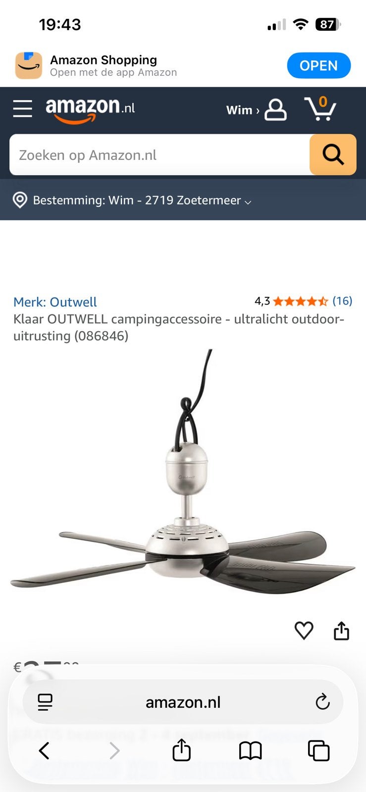 Outwell camping ventilator, Ophalen of Verzenden, Nieuw