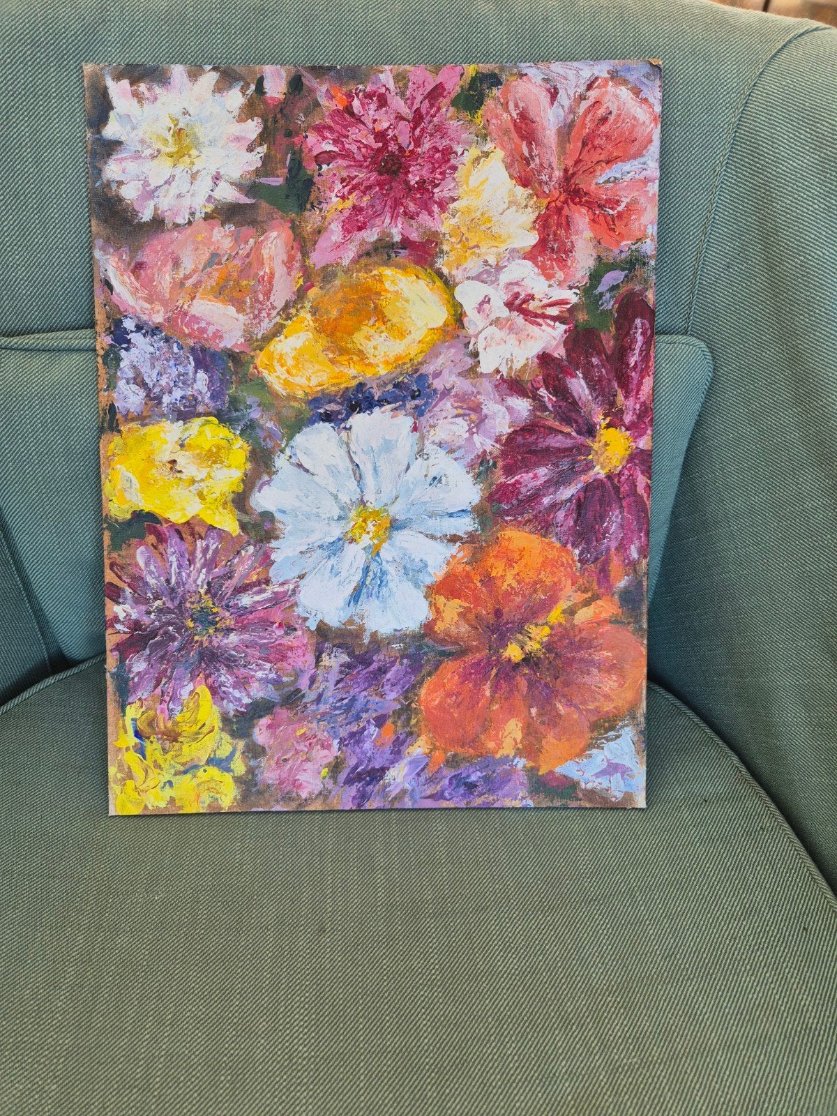 Olieverfschilderij bloemen 30 x 40 doek, Antiek en Kunst, Ophalen of Verzenden, Handgeschilderd, Olieverf, Bloemen