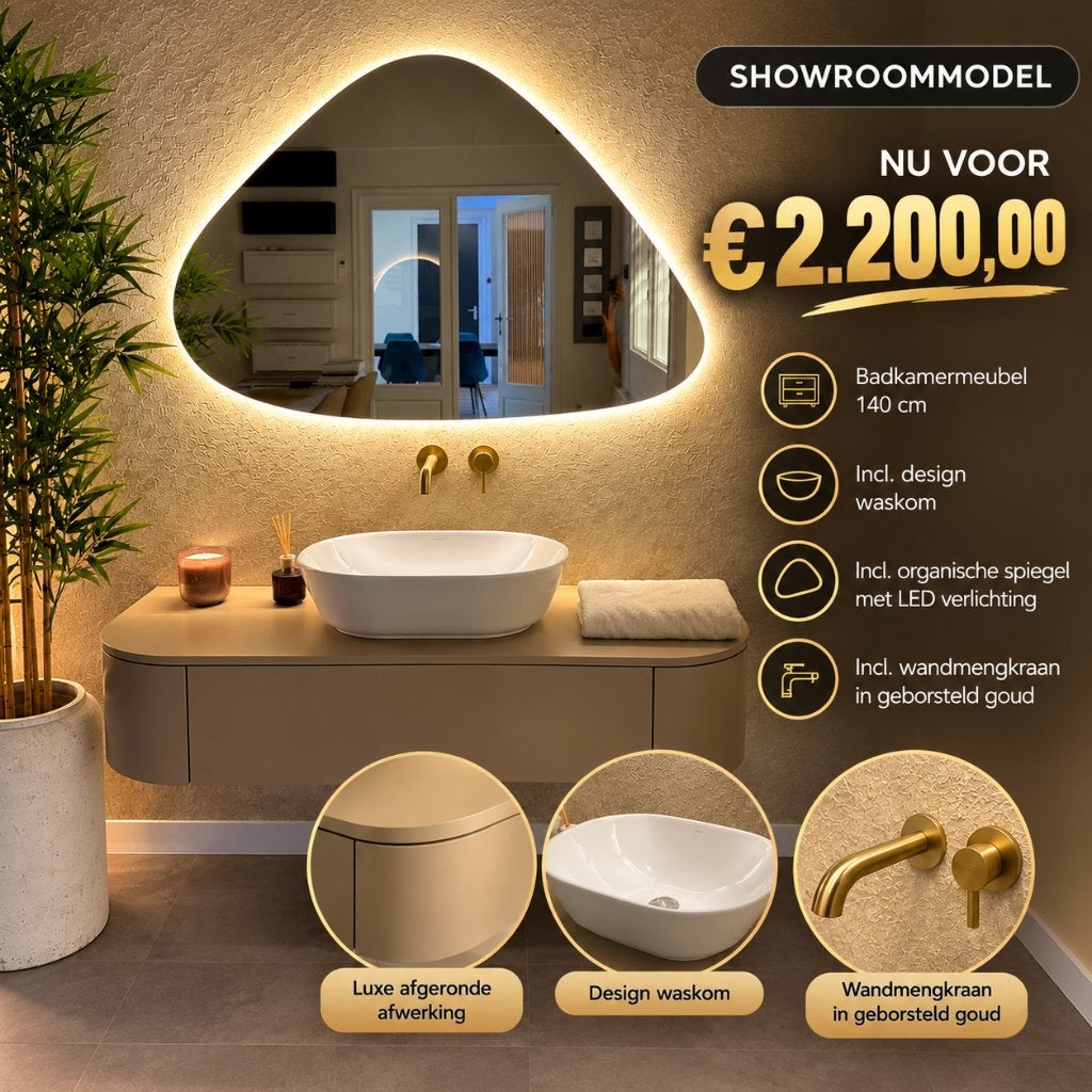 Badkamermeubel 140cm met waskom, spiegel & gouden kraan, Ophalen, 100 tot 150 cm, Nieuw, Minder dan 100 cm
