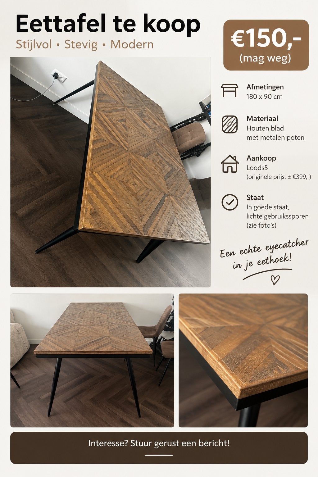 Stijlvolle eettafel van Loods5 - 180x90 cm, Ophalen, Gebruikt, 50 tot 100 cm, Vijf personen of meer