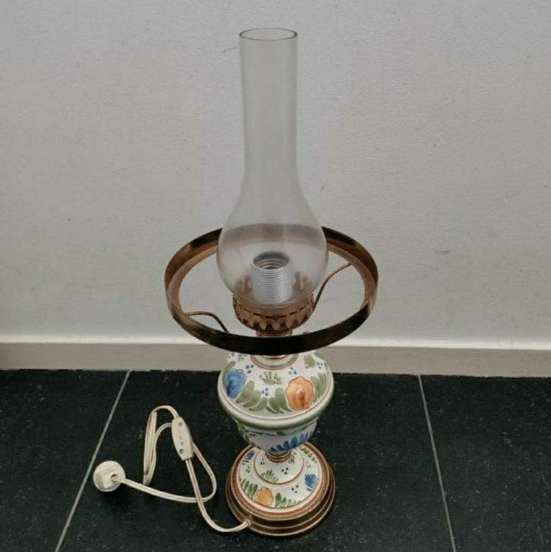 Lamp,Petroleumlamp,1960,elektrisch,Kelkglas,mid-century, Antiek en Kunst, Ophalen of Verzenden