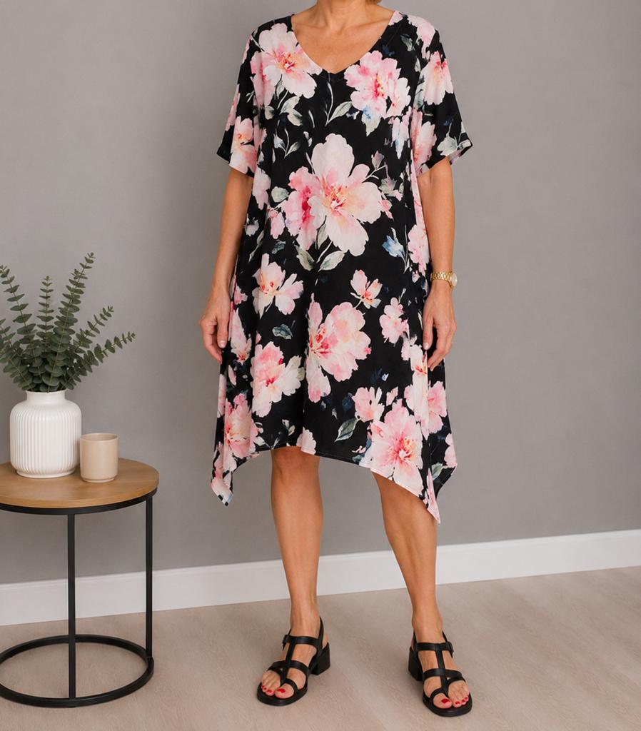 Zomerse bloemenjurk met V-hals en korte mouwen, Ophalen of Verzenden, Nieuw, Zwart, Jurk