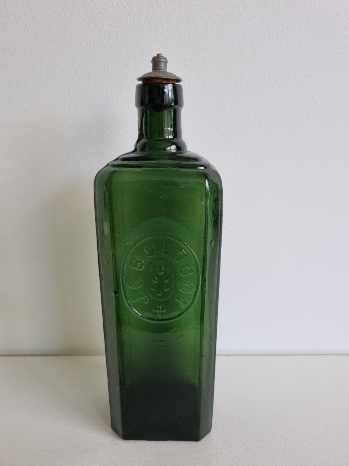 oude Groene Glazen Boldoot Fles met Kurk en Metalen Dop, Ophalen of Verzenden