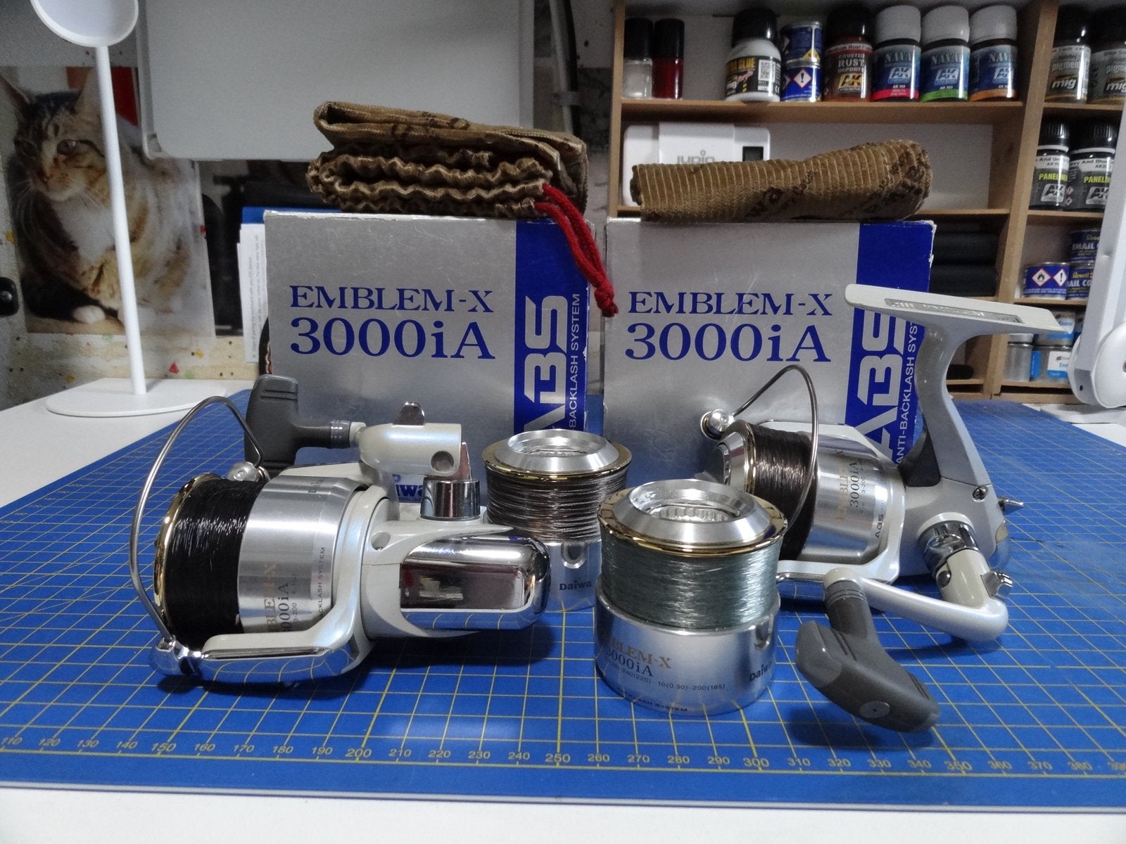 2x Daiwa Emblem-X 3000iA Molens met extra spoelen, Watersport en Boten, Ophalen of Verzenden, Zo goed als nieuw, Molen