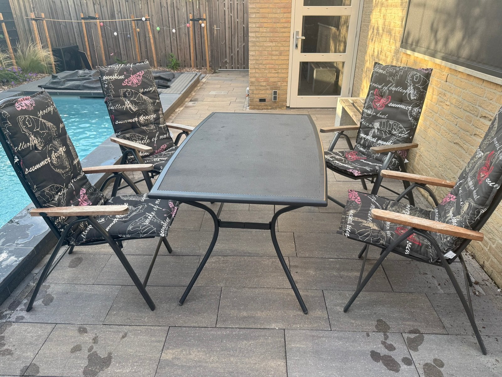 Jutlandia tuinset met 4 verstelbare stoelen en kussens, Ophalen, Zo goed als nieuw, Aluminium
