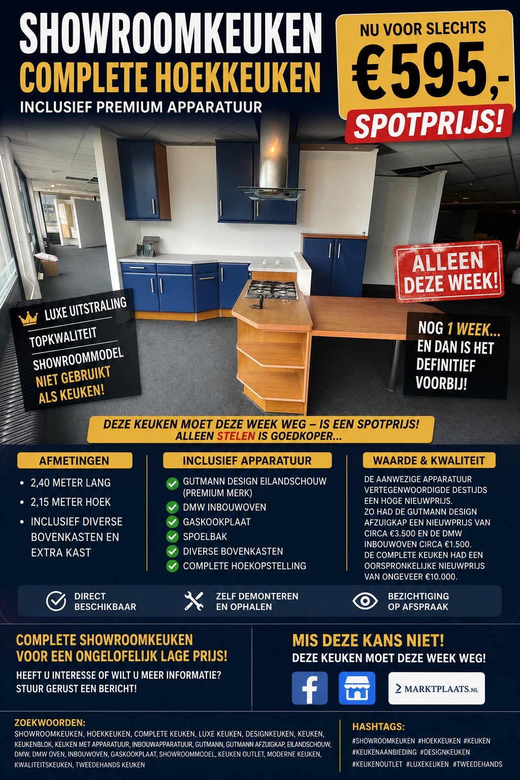 Luxe Showroom Hoekkeuken + Gutmann Afzuigkap + Apparatuur, Ophalen, Blauw, G, Nieuw