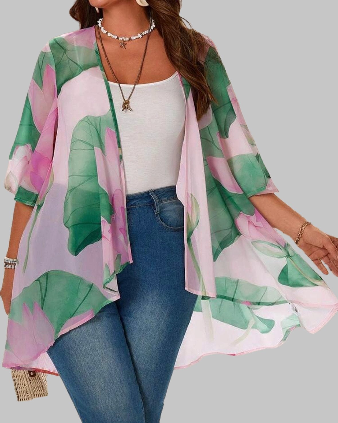 Zomerse Kimono met Waterlelieprint - Roze/Groen (46-54), Verzenden, Nieuw, Roze, Trui of Vest
