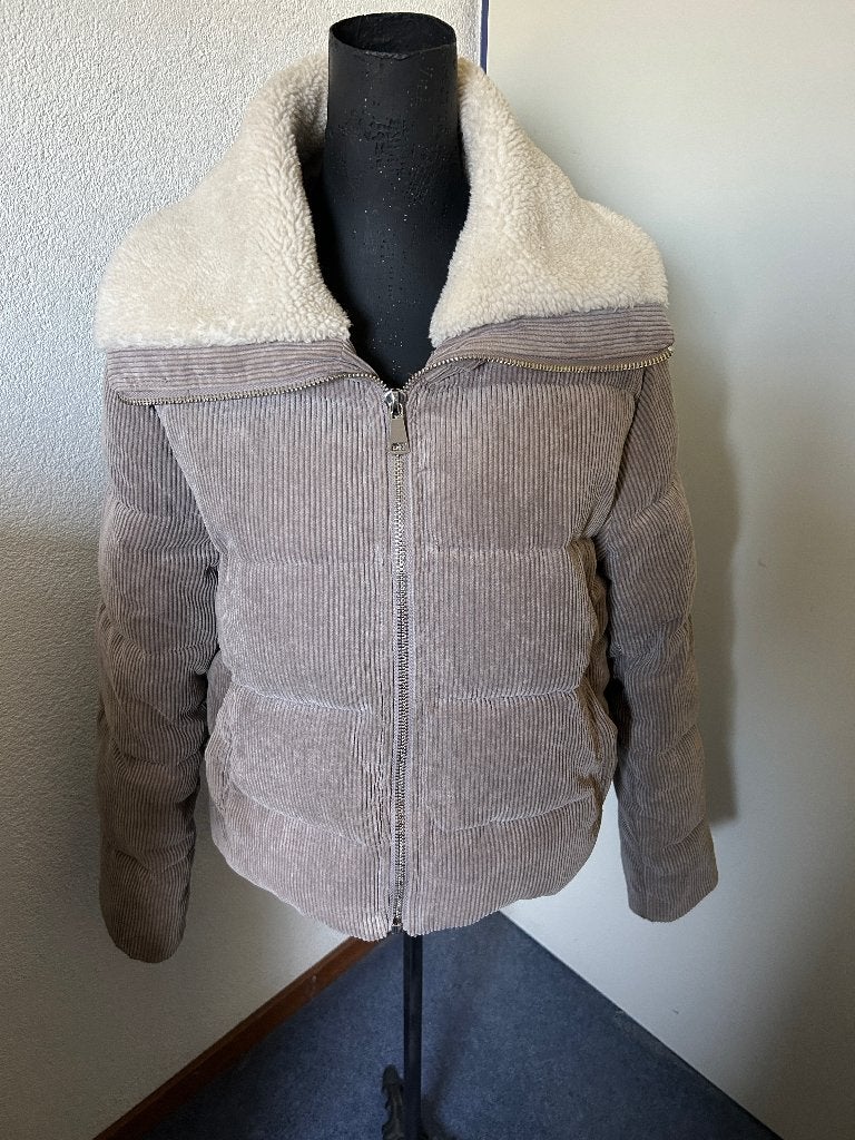 FB Sister jasje rib met bontkraag mt L z.g.a.n., Kleding | Dames, Beige, Maat 42/44 (L), Ophalen of Verzenden, Zo goed als nieuw