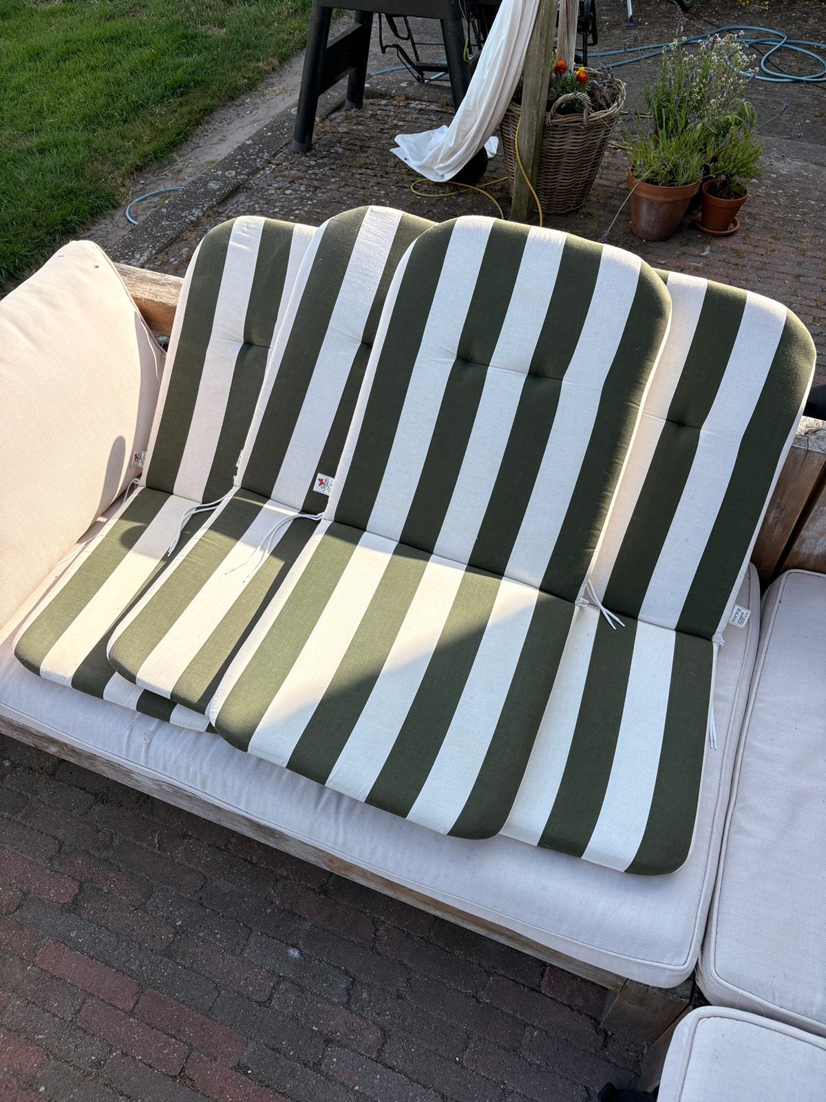4 Tuinstoel kussens groen wit streep Summerset, Tuin en Terras, Tuinmeubel-accessoires, Gebruikt, Ophalen