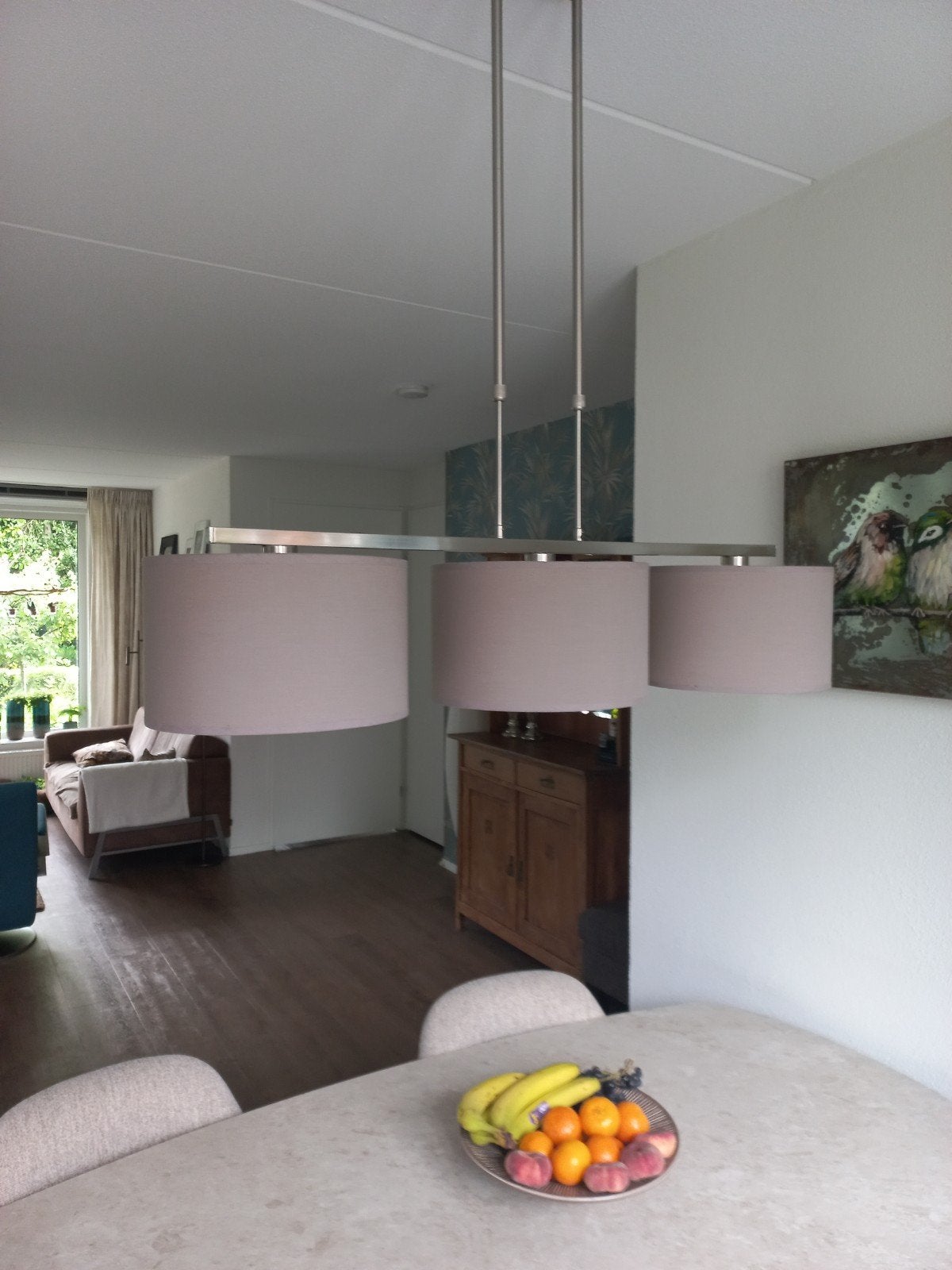 Moderne hanglamp met 3 stoffen kappen en 1 staande lamp., Ophalen, Gebruikt, Metaal, Modern