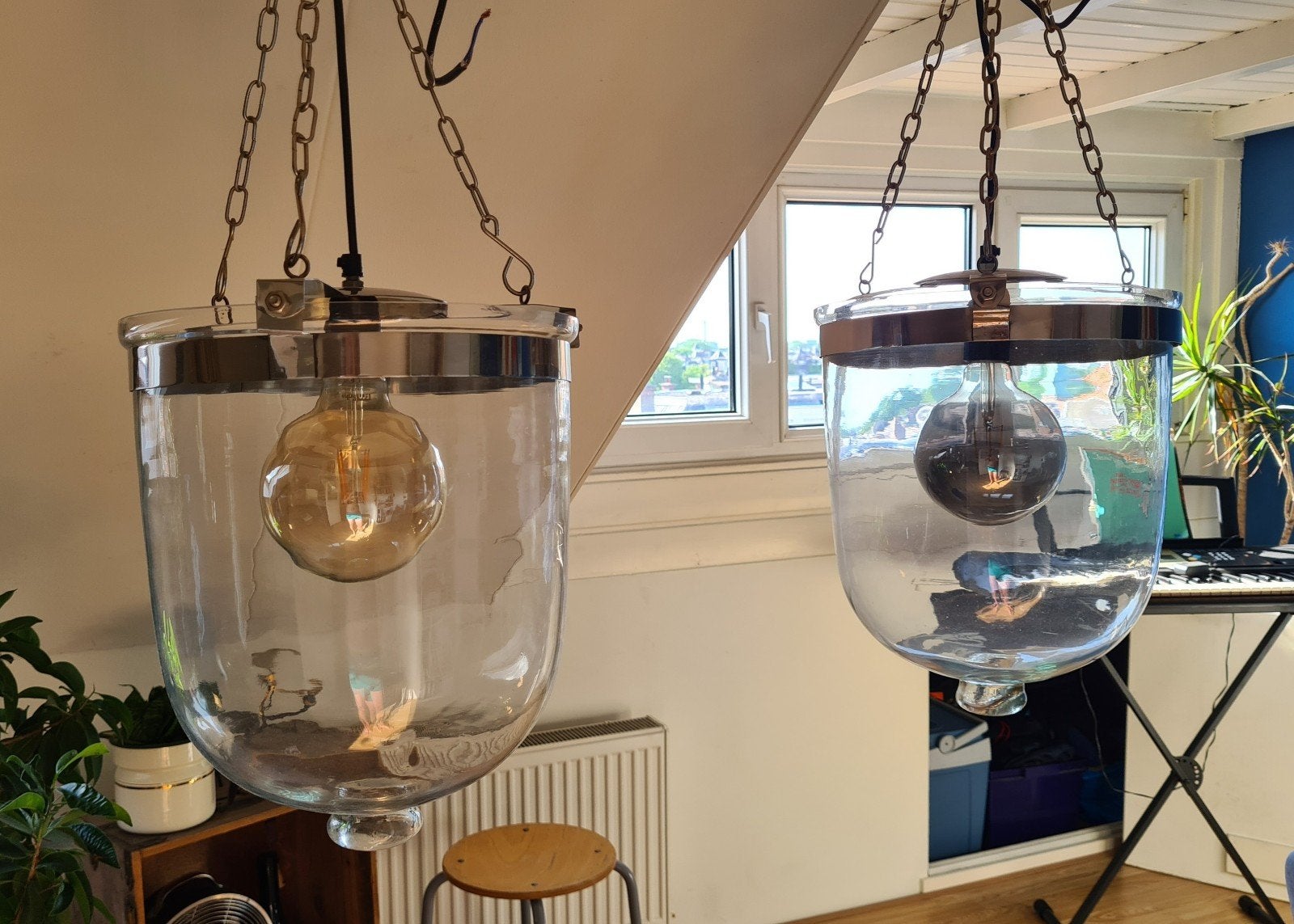 set van 2 glazen lantaarn hanglampen -Rofra /Eichholtz stijl, Ophalen, E27 (groot), Zo goed als nieuw, Rofra / eichholtz / landelijk of hotel-chique