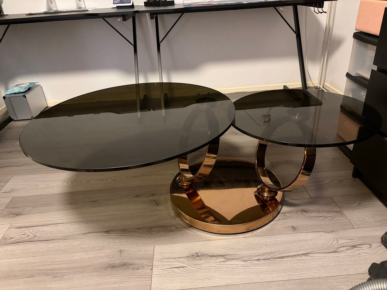 Moderne salontafel met draaibare glazen bladen en goudkleuri, Ophalen, Gebruikt, 100 tot 150 cm, 50 tot 100 cm