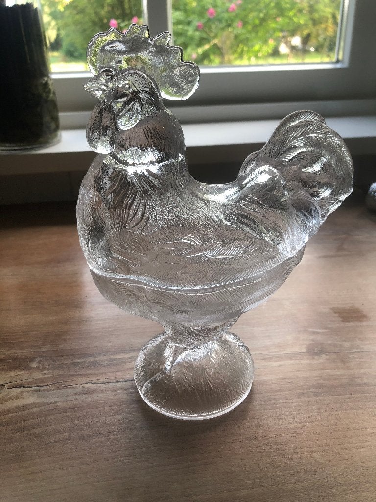 Glazen kip haan schaal met deksel - vintage brocante, Ophalen of Verzenden