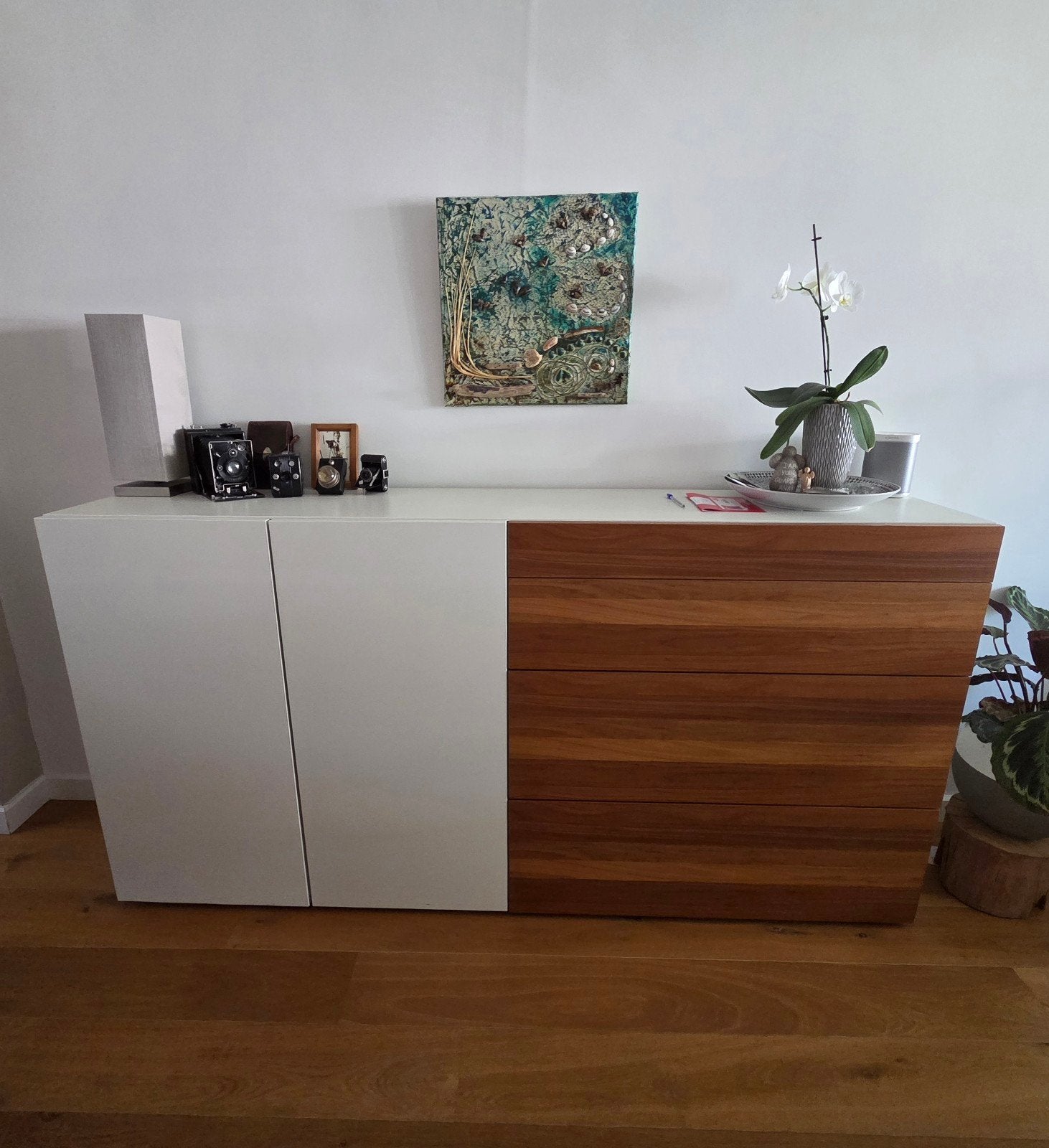 Moderne (Hulsta) Servieskast met Lades en Deuren - Wit/Hout, Ophalen, Gebruikt, Met deur(en), 200 cm of meer
